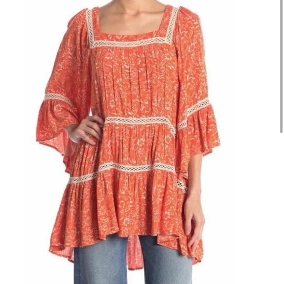 Free People Bohemian Orange Floral Top - Picture 6 of 8